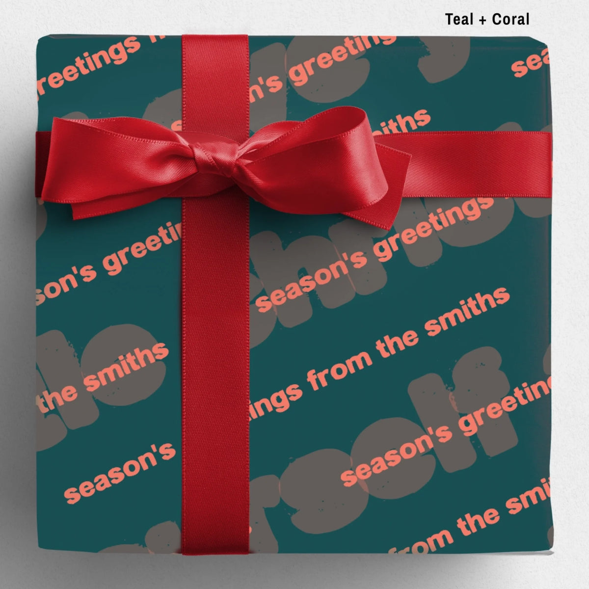 labelled teal+coral Sseason's Greetings Wrapping Paper Mockup Template August2026