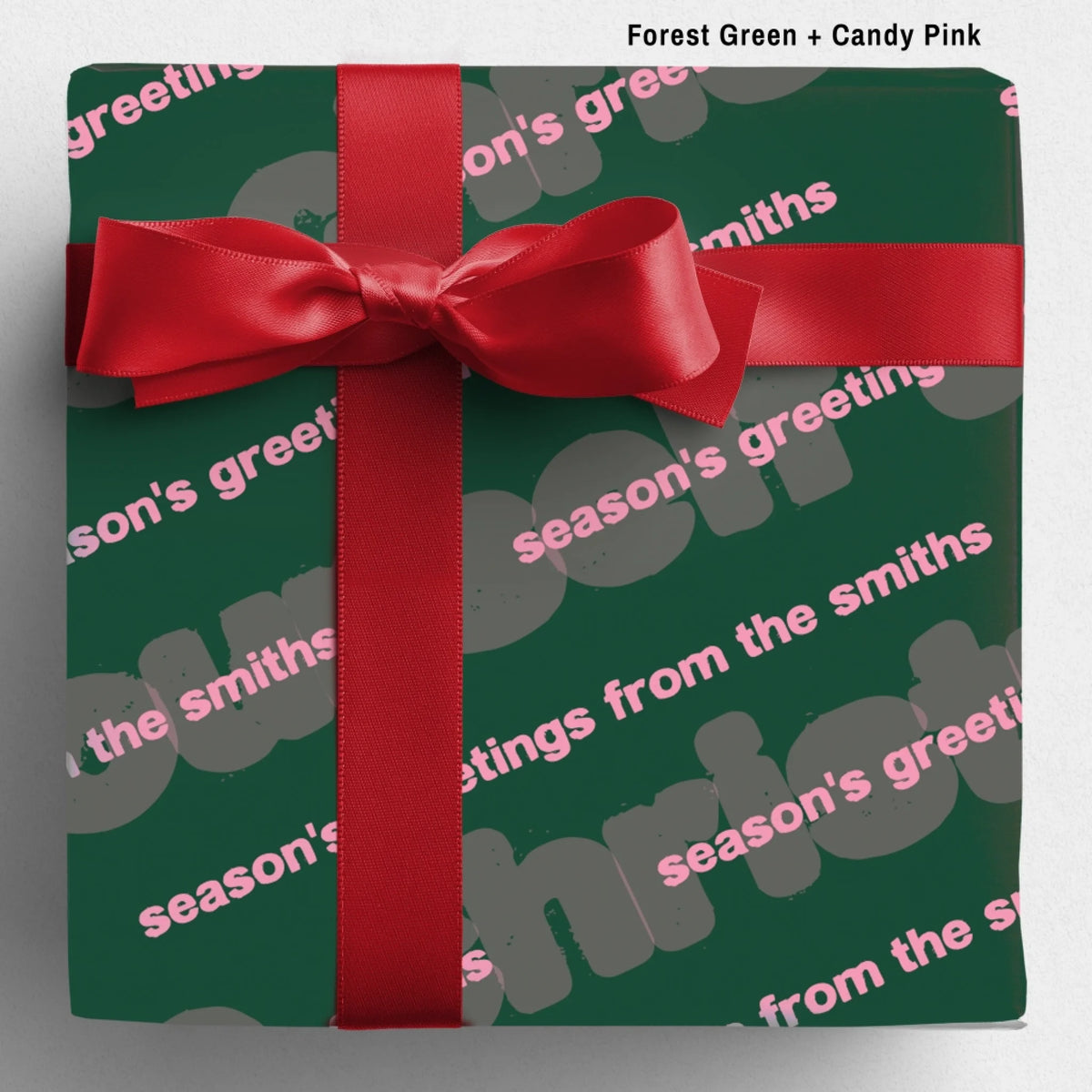 labelled forestgreen+candypink Sseason's Greetings Wrapping Paper Mockup Template August2026