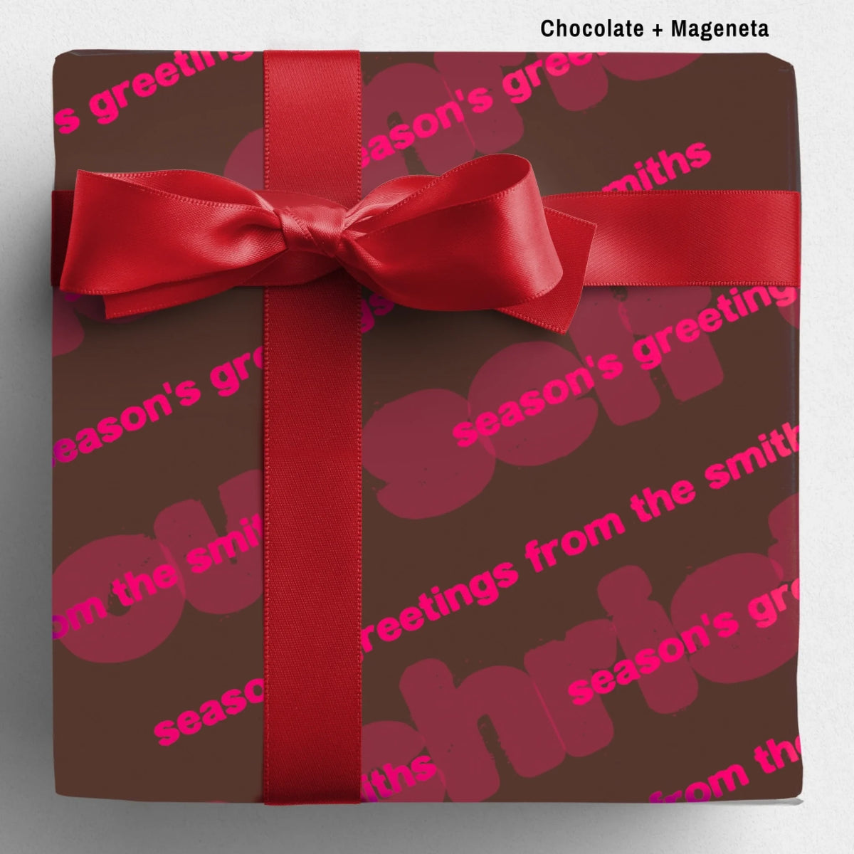 labelled chocolate+magenta Sseason's Greetings Wrapping Paper Mockup Template August2026