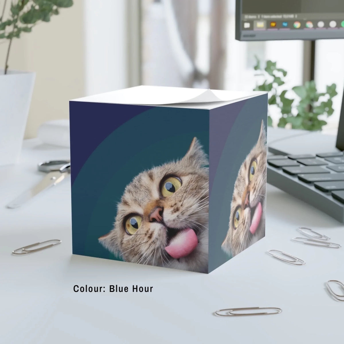 Big Glow Energy note cube in Blue Hour, navy and teal arches, with an example pet photo