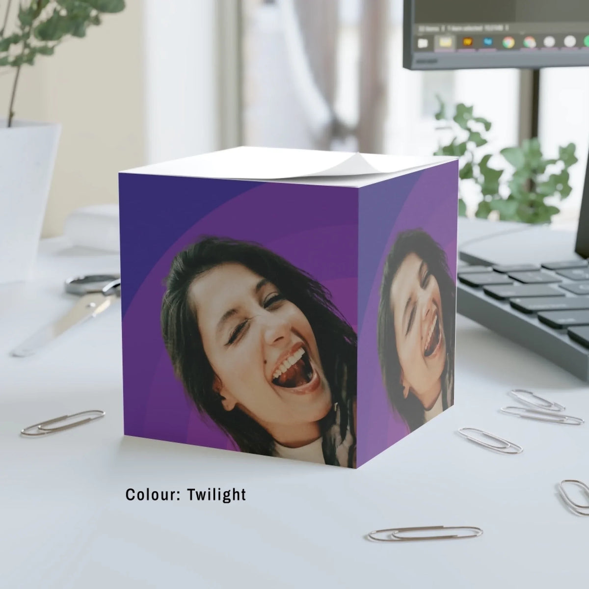 Big Glow Energy note cube in Twilight, violet and purple arches, with an example pet photo