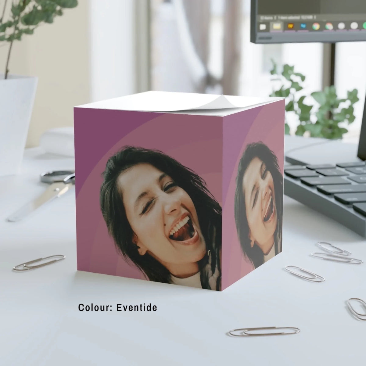 Big Glow Energy note cube in Eventide, mauve and dusty rose arches, with an example pet photo