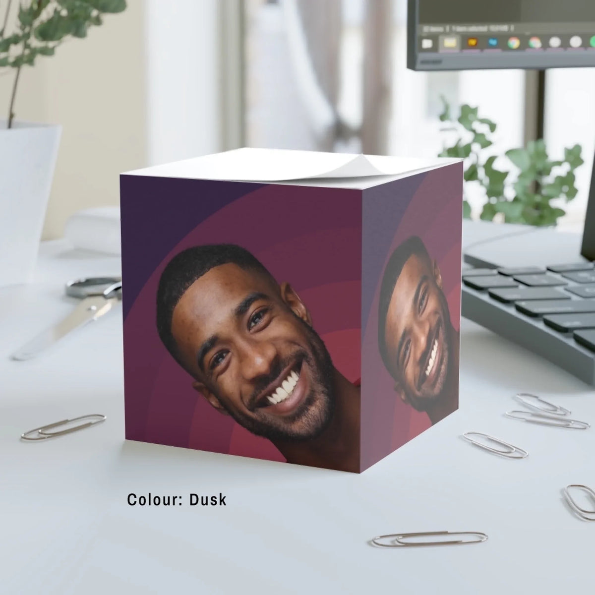 Big Glow Energy note cube in Dusk, plum and red arches, with an example pet photo