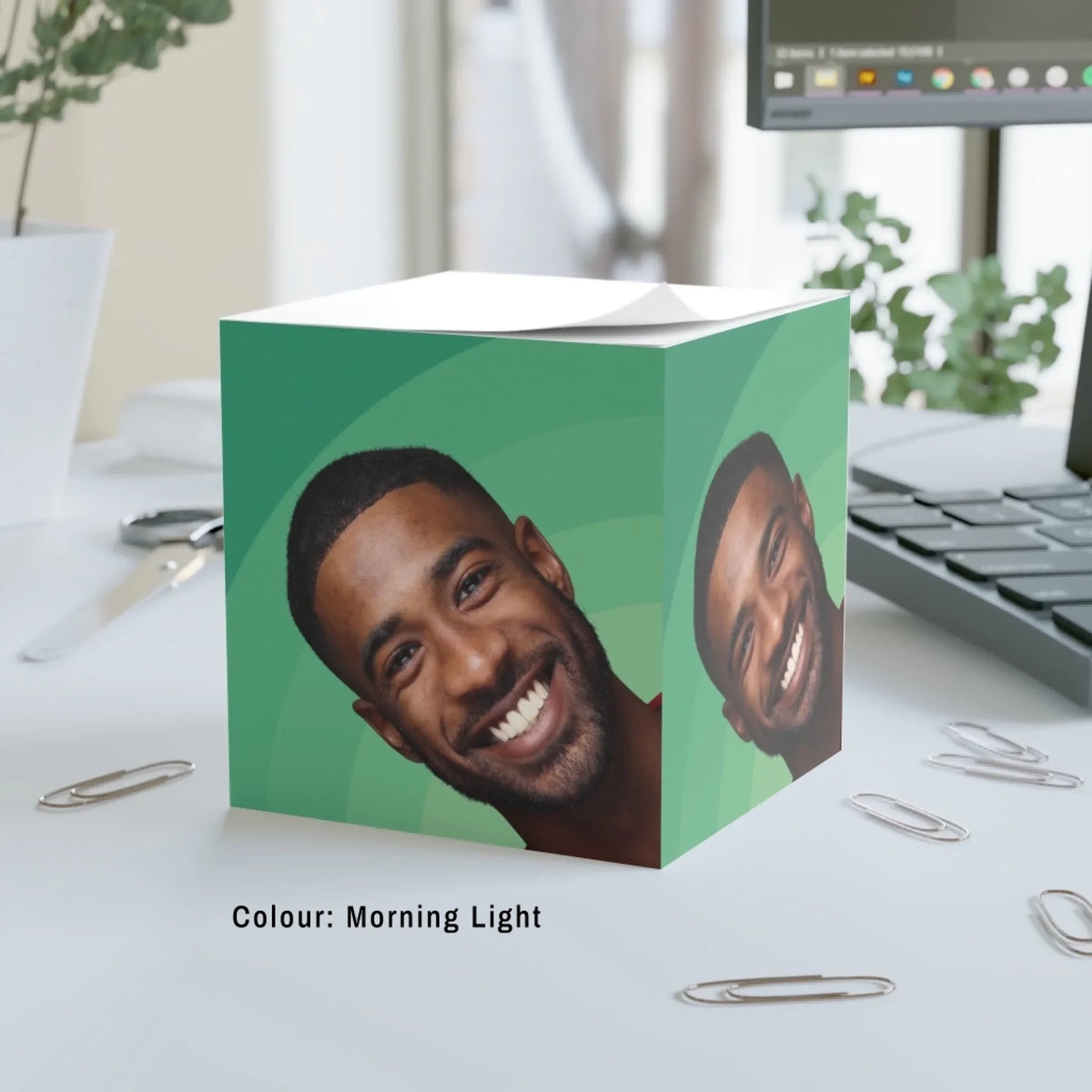 Big Glow Energy note cube in Morning Light, green arches, with an example pet photo