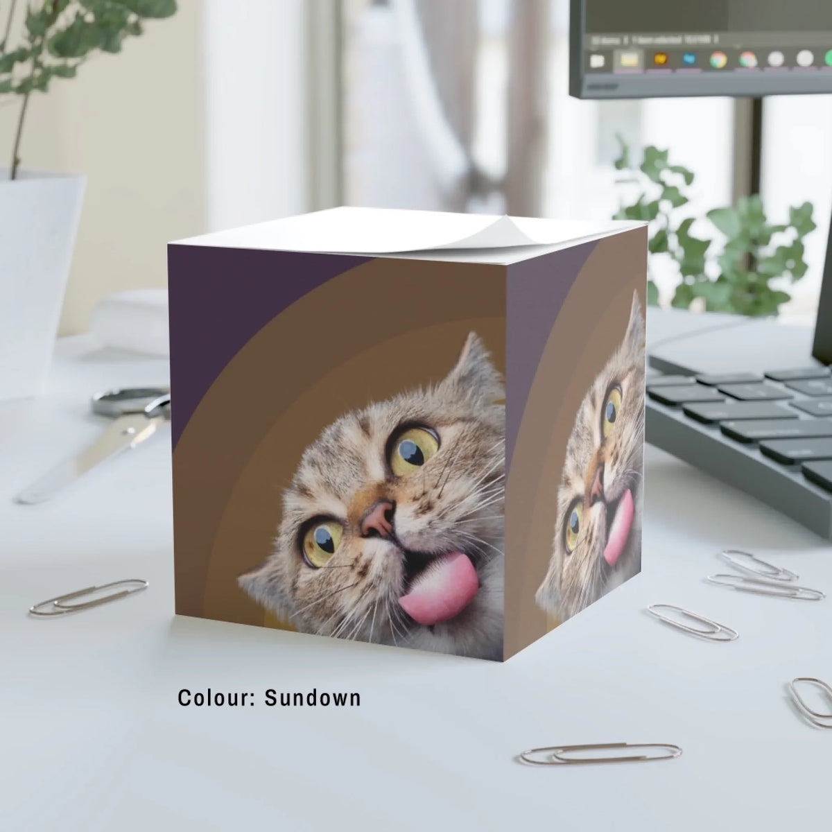 Big Glow Energy note cube in Sundown, deep purple and gold arches, with an example pet photo