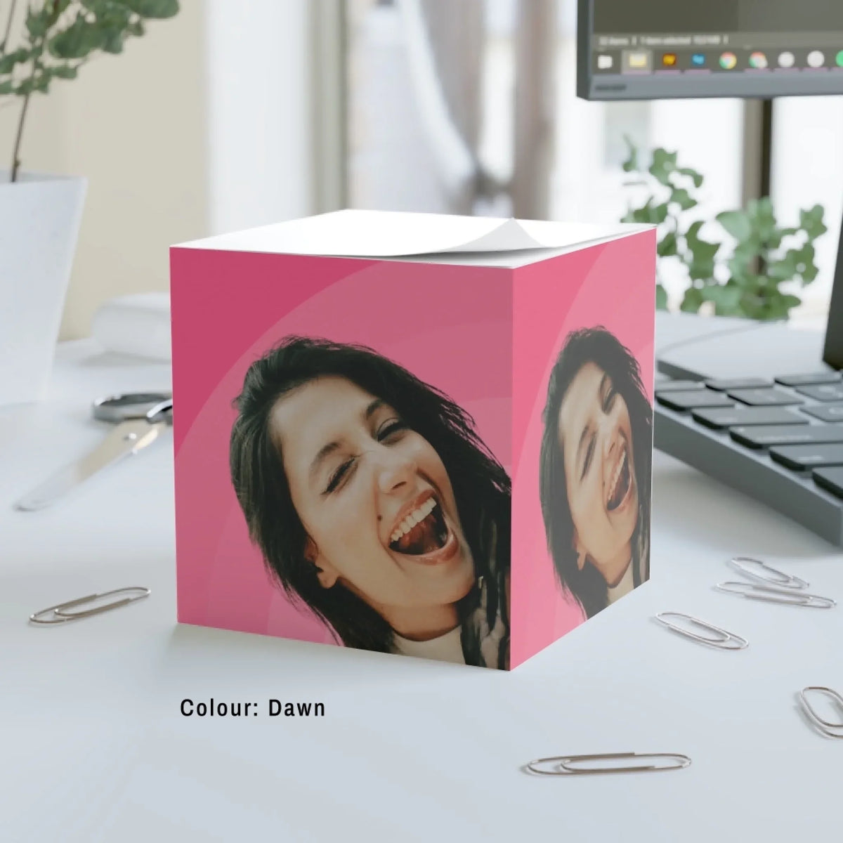 Big Glow Energy note cube in Dawn, soft pink arches, with an example pet photo