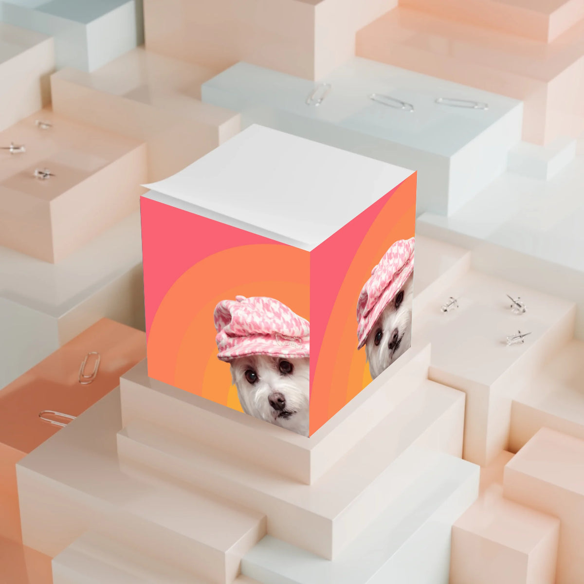 Big Glow Energy note cube in Sunrise with a dog photo, displayed on stacked paper blocks