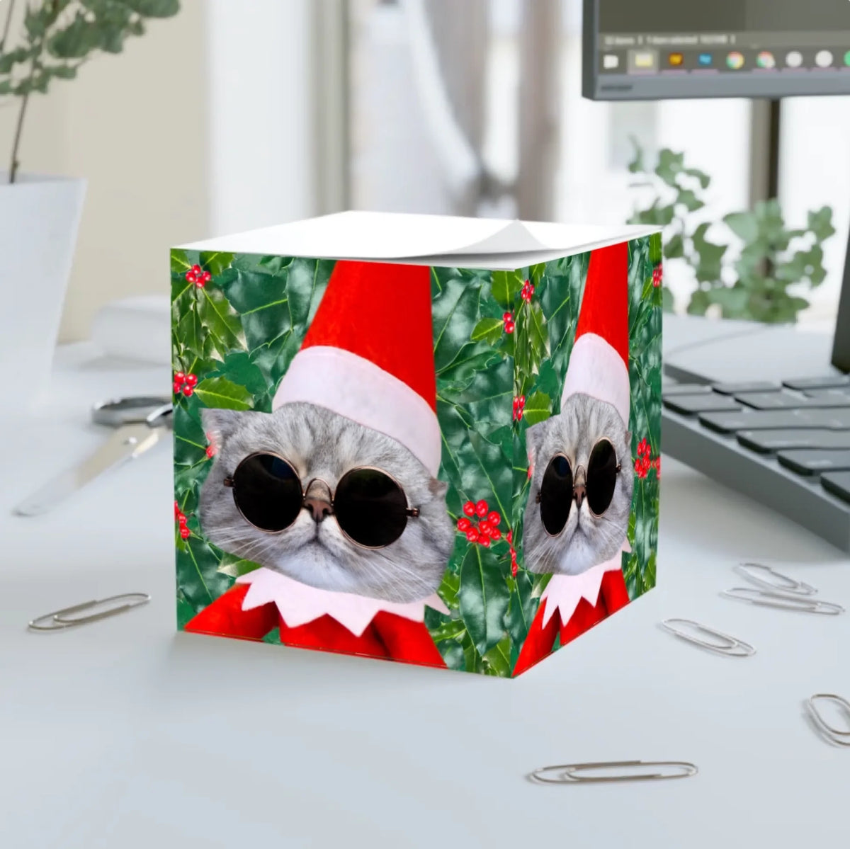 Official Elf Business note cube personalised with a cat wearing glasses as a Christmas elf