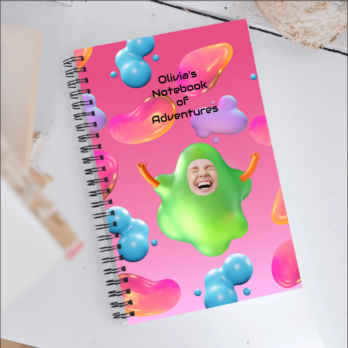 Jellyverse personalised spiral notebook in a desk setting