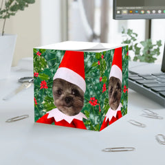 Official Elf Business personalised note cube with a customer's photo as a Christmas elf surrounded by holly