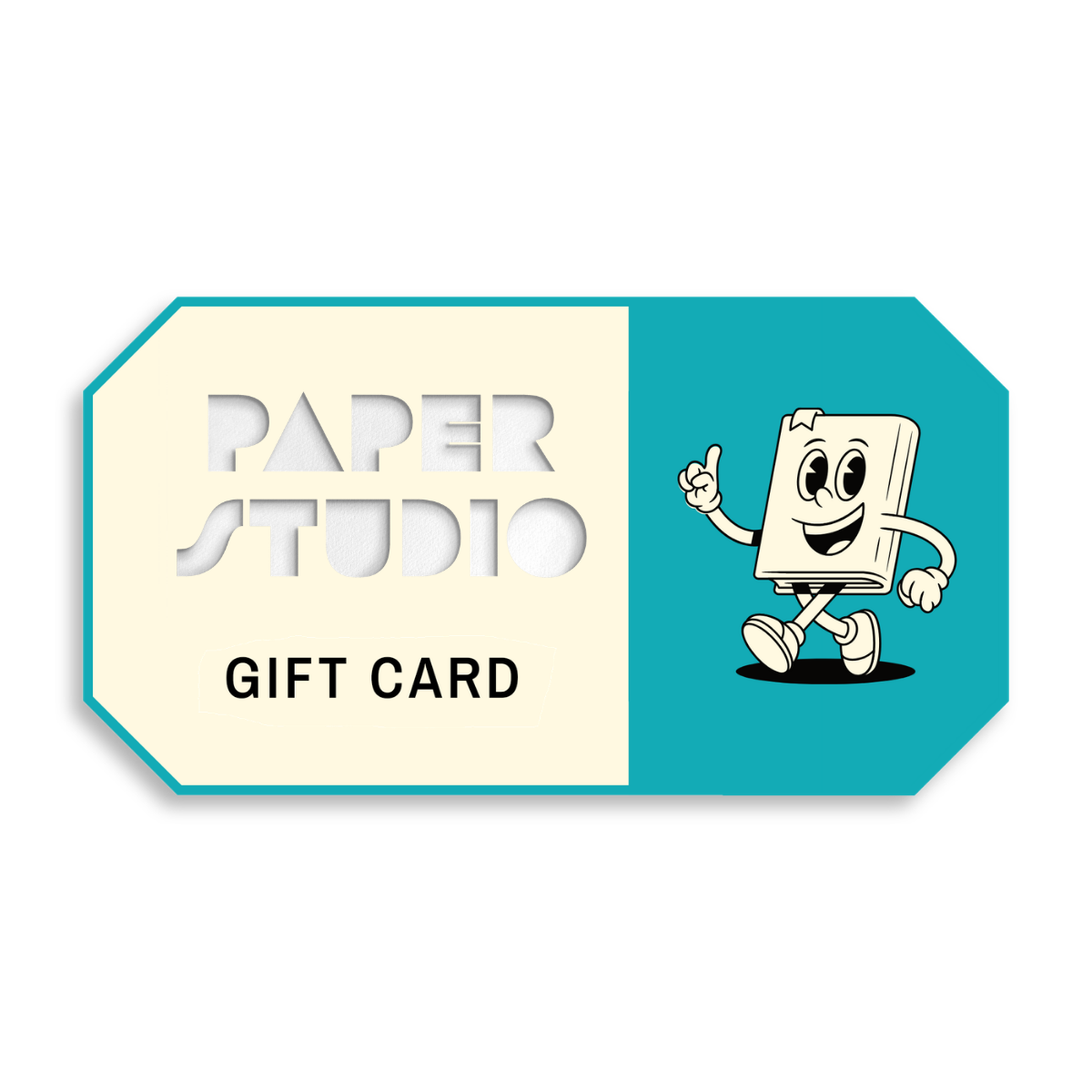 Paper Studio gift card with a cartoon book character, on a white background