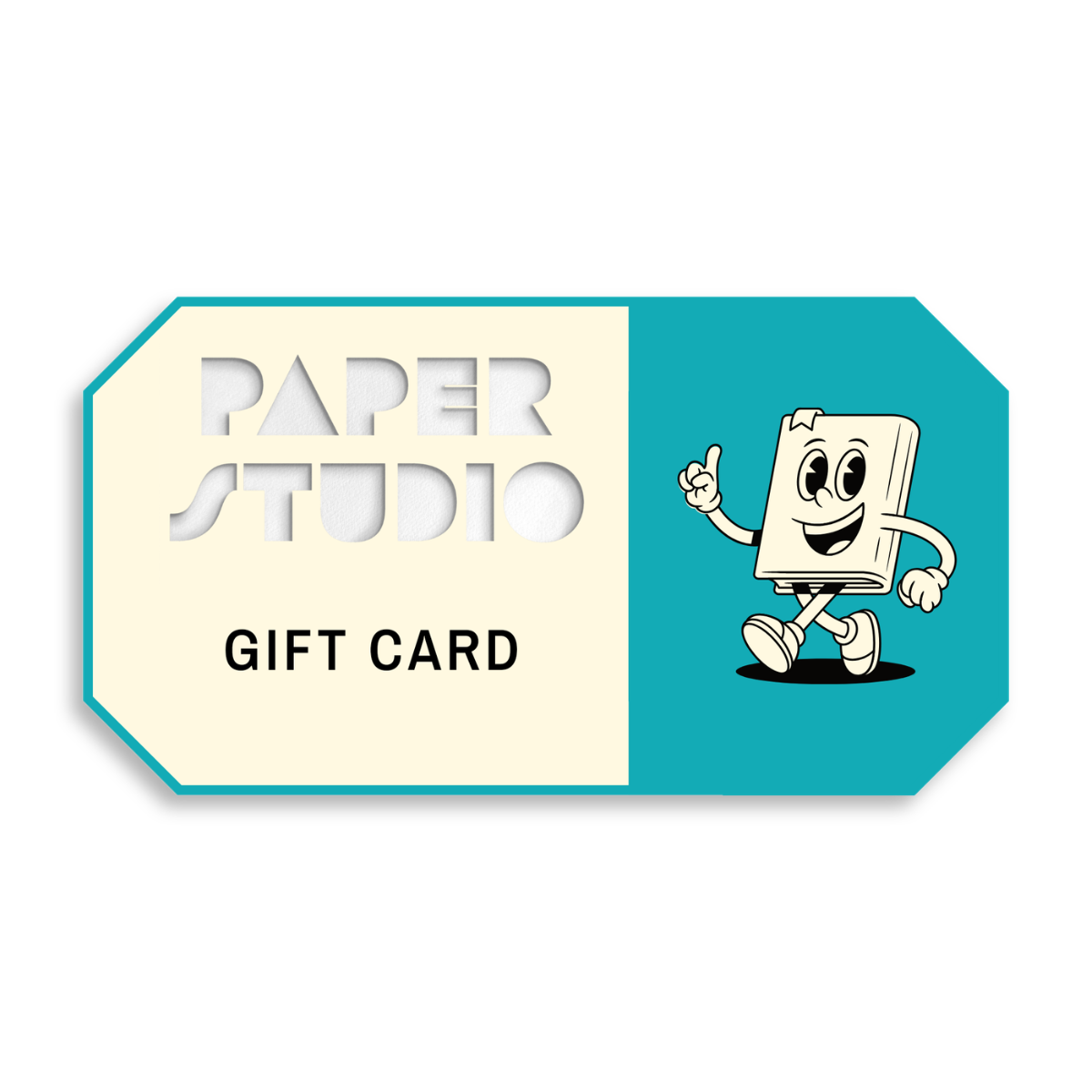 Paper Studio gift card with a cartoon book character, on a white background