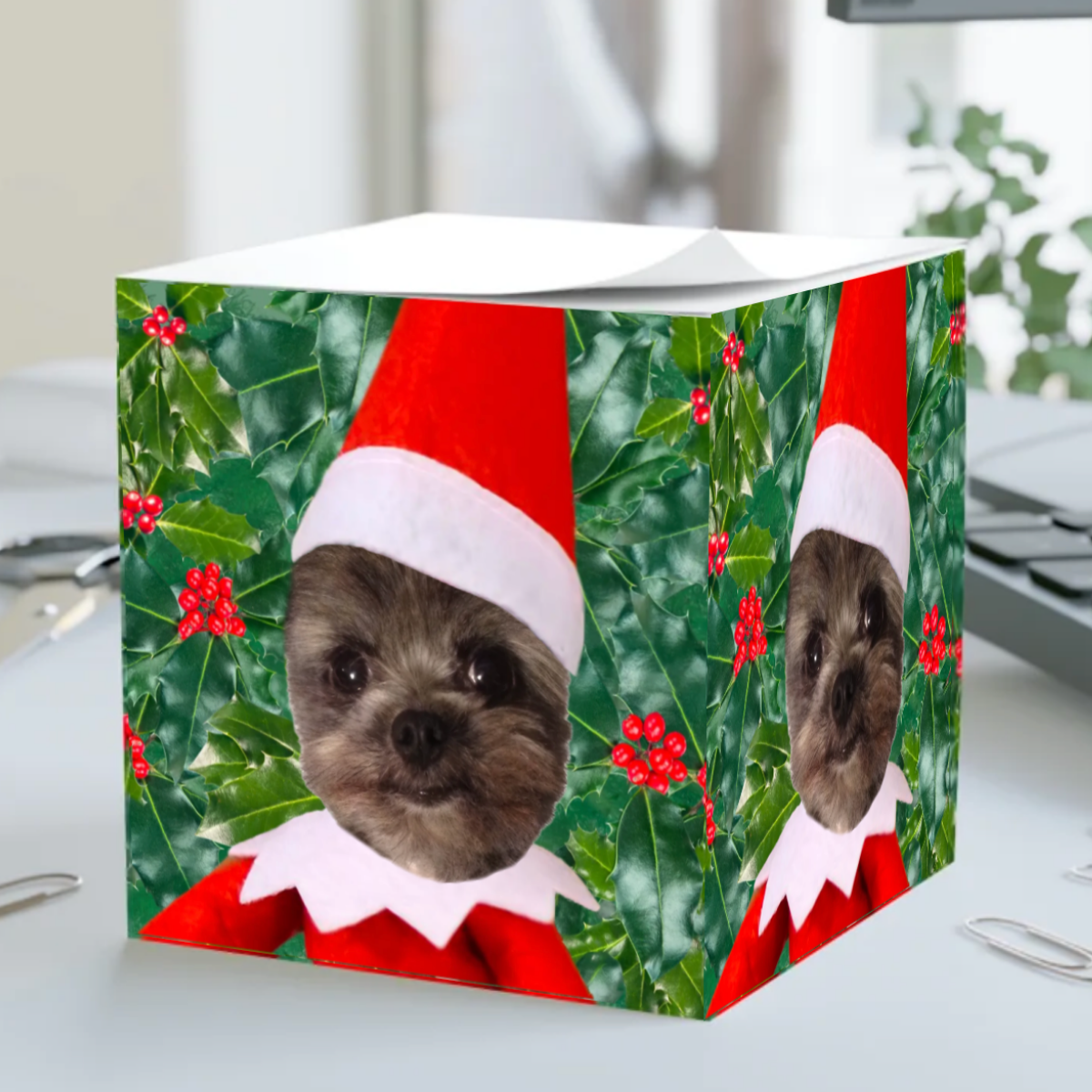 Personalised Christmas elf note cubes featuring a dog's face among holly